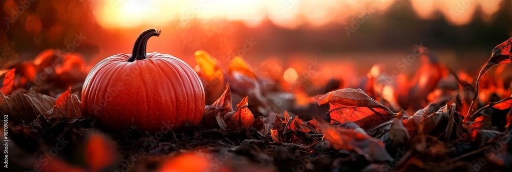 Sticker  A pumpkin rests in the heart of a field Surrounding it are fallen autumn leaves Sunset paints the distant horizon