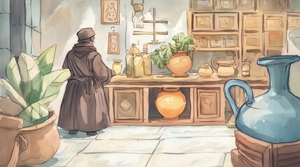 Obraz premium A serene scene of a monk in an ancient apothecary, surrounded by pots and herbs, evoking a sense of calm and tradition.