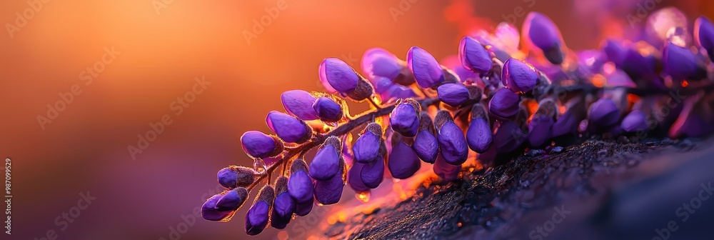 Poster  A tight shot of a plant displaying purple blooms on its stem and leaves at the tip