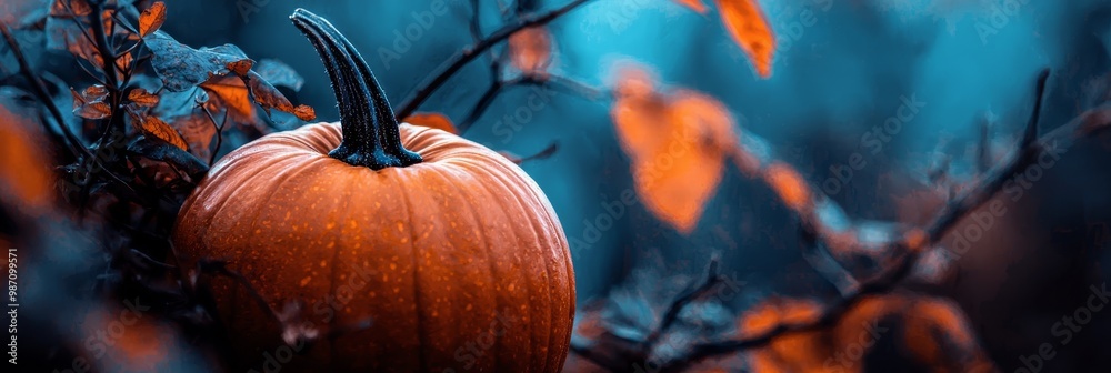 Sticker  A pumpkin atop a tree beside a leafy tree sporting orange leaves against a blue sky