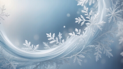 Frosty Winter Wonderland, A stunning abstract winter background featuring swirling frost patterns, snowflakes, and soft blue and white hues. The scene captures the magic of a snowy Christmas morning