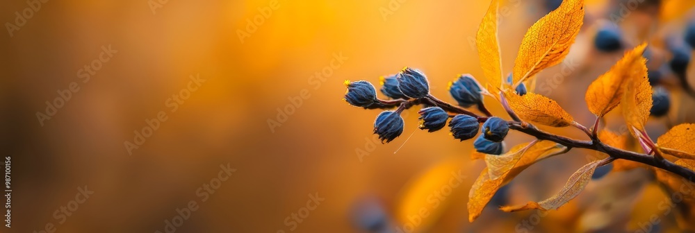 Poster  A tight shot of a tree branch, adorned with leaves against a softly blurred backdrop of golden and azure foliage