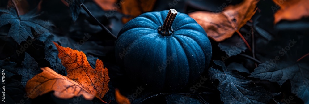 Canvas Prints  A blue pumpkin atop a leaf pile in a forest of orange and green foliage