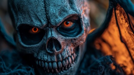  A tight shot of a skull adorned with a dragon atop its head and another dragon resting on its back, each sporting vibrant orange eyes
