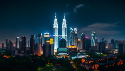Obraz premium Nighttime Aerial View of Illuminated Skyscrapers in Kuala Lumpur, Malaysia