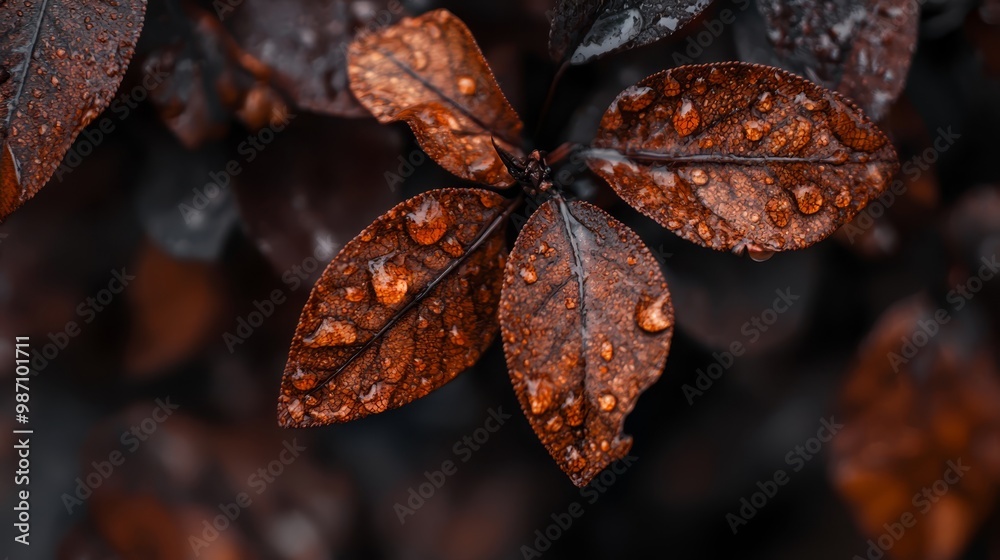 Poster  A tight shot of a single leaf dotted with water droplets, surrounded by leaves in the backdrop