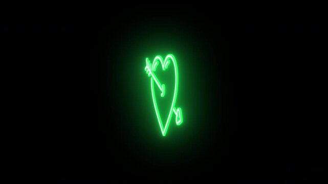 Neon love heart animation, rotation around vertical axis. Glowing neon 3D heart with cupid arrow, looped spin. Sweet love and passion, romantic date, amore, love feeling. Green, yellow, orange colors