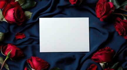 Une carte vierge entourée de roses rouges sur un tissu bleu foncé en dessous, thème de la Saint-Valentin, concept d'amour, modèle de maquette de produit pour texte ou design.