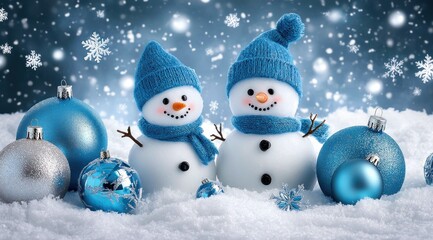 Fototapeta premium Fête de Noël, deux bonhommes de neige, avec des écharpes et des bonnets bleus sur fond de chute de flocons de neige. 