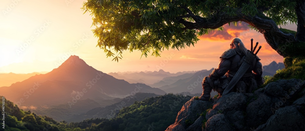 Wall mural  A man atop a rock, beside a tree on a mountain peak, beneath a cloud-studded sky