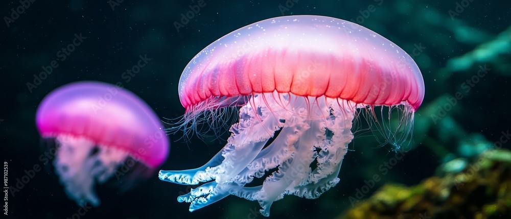 Poster  A tight shot of two jellyfish in a tank, dark water backdrop with scattered rocks One jellyfish is pink, the other purple