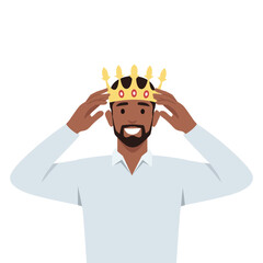 Business man King wearing Golden Crown. Flat vector illustration isolated on white background