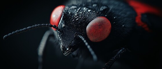 A tight shot of a red-and-black insect against a black backdrop Its bright red eyes stand out distinctly against the dark background