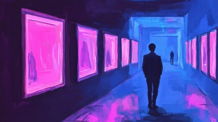 A solitary figure walks through a vibrant art gallery illuminated by pink and blue lights, creating a captivating atmosphere.