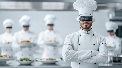 A chef in virtual reality glasses stands confidently in a modern kitchen while fellow chefs prepare dishes in the background.