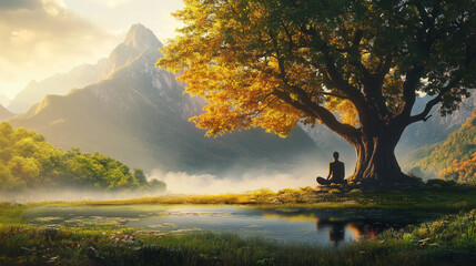 Malowniczy krajobraz o wschodzie słońca, gdzie medytująca osoba siedzi w pozycji lotosu pod rozłożystym drzewem bodhi.