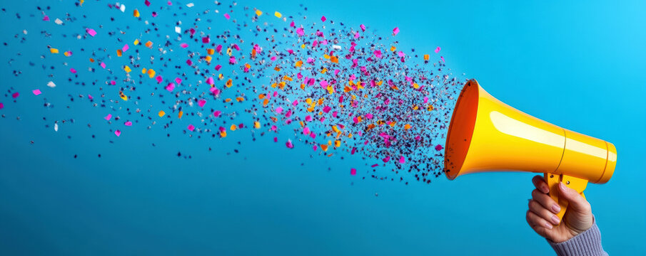 A vibrant yellow megaphone releases a colorful explosion of confetti against a bright blue background, symbolizing celebration, excitement, and joyful communication in a fun and lively atmosphere.