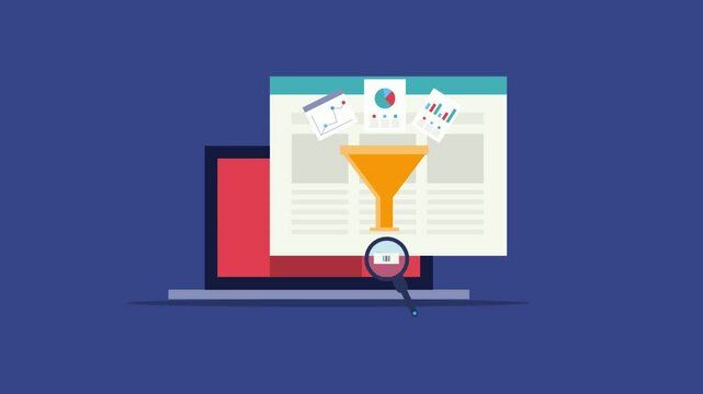 Data collection form purchase history, online survey and web browsing activity, digital funnel organise data for analysis and decision making, video animation.