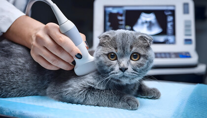 A gray Scottish Fold cat laying on the table during ultrasound examination in vet clinic. The medical equipment monitor at the background.