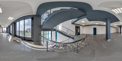 hdri 360 panorama on emergency and evacuation exit stairs in empty modern hall with columns, doors and panoramic windows in office building in spherical equirectangular projection, for AR VR content