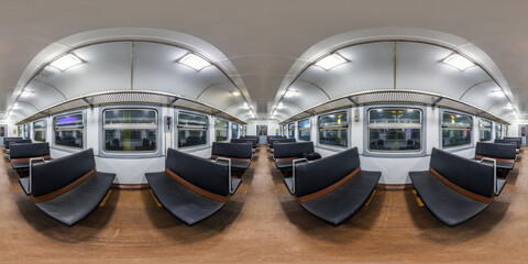 hdri 360 panoramainterior in cheap empty train car with simple bench-style seating in equirectangular full seamless spherical projection, for VR AR virtual reality content © hiv360