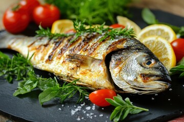 Grilled fish - dorado with herbs on the desk , ai