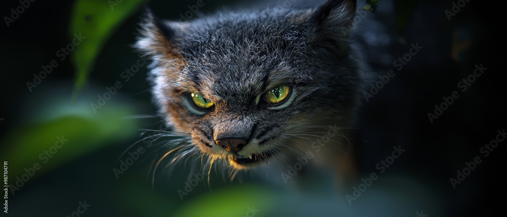 Canvas Prints  A tight shot of a feline's face, its emerald eyes in focus, surrounded by an out-of-focus backdrop of verdant foliage