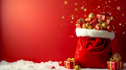 The open red bag of Santa Claus is brimming with colorful wrapped presents and shiny ornaments, set against a cheerful red background perfect for Christmas