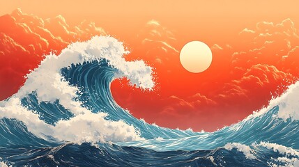 Great ocean wave as Japanese vintage style