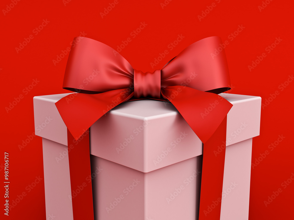 Aufkleber White gift box or front view of white present box tied with red ribbon bow isolated on red background minimal conceptual 3D rendering