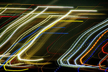 Abstract blurry background with pattern from colorful traces or trajectory of lights.Abstract colourful light pattern long exposure. High quality photo