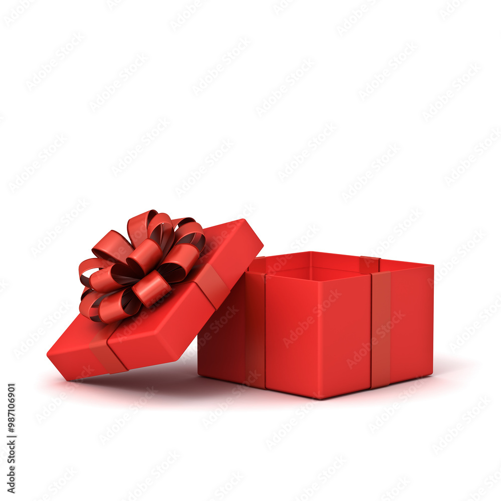 Wall mural Red gift box opening or red present box with red ribbon bow isolated over white background with shadow minimal conceptuals for christmas and valentines day 3D rendering