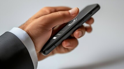 Business customer Service Quality CRM Hand pressing a phone's call button, initiating customer support, modern tech design, isolated on white background