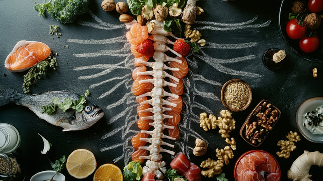 Conceptual Food Art Spinal Cord on Dark Background