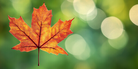 Fototapeta premium Photo of a red-brown maple leaf in autumn, set against a lush green background, capturing the contrast of fall colors and the beauty of seasonal change.