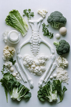 White Skeleton with Vegetables Representing Bone Health