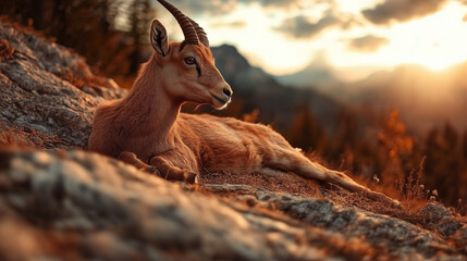 Un giovane stambecco riposa sereno su una roccia al tramonto. La scena evoca quiete, contemplazione e armonia con la natura alpina.