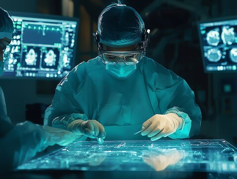 A surgeon in scrubs and gloves uses a pen to point to an EKG monitor in a dark operating room.