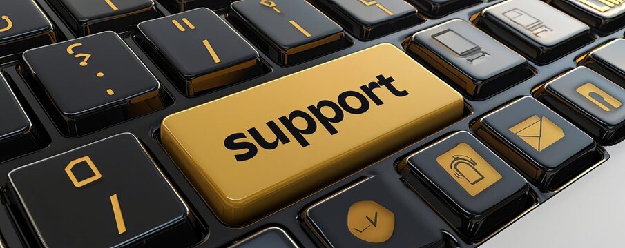 Business customer Service Quality CRM A keyboard with a "support" key highlighted, close-up shot, tech customer service, isolated on white background