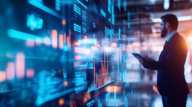 A business leader motivating employees to embrace change, with visual graphs and data on display