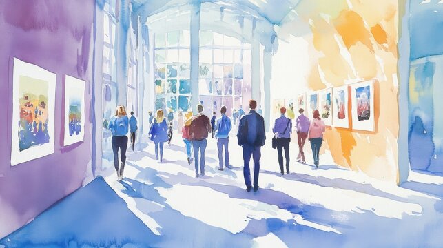 A vibrant watercolor painting of an art gallery with people admiring colorful artworks under bright light.