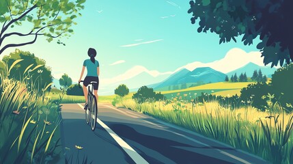 Fototapeta premium A cyclist enjoys a scenic ride through lush greenery and mountains on a sunny day, embodying freedom and adventure.