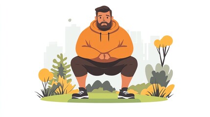 A determined man squatting in an outdoor setting, showcasing strength and fitness in a vibrant, colorful environment.