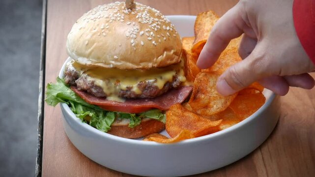 Picking crisps from a plate filled with hamburger and crisps
