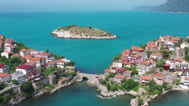 Beautiful cityscape on the mountains over Black-sea, Amasra. Amasra traditional Turkish architecture