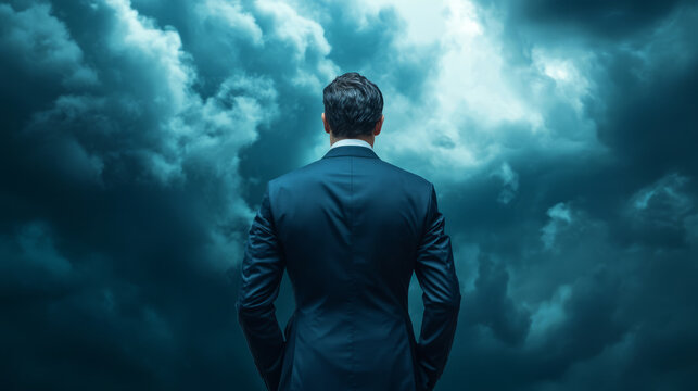 A business leader standing firm, with storm clouds in the background, symbolizing strength in uncertainty