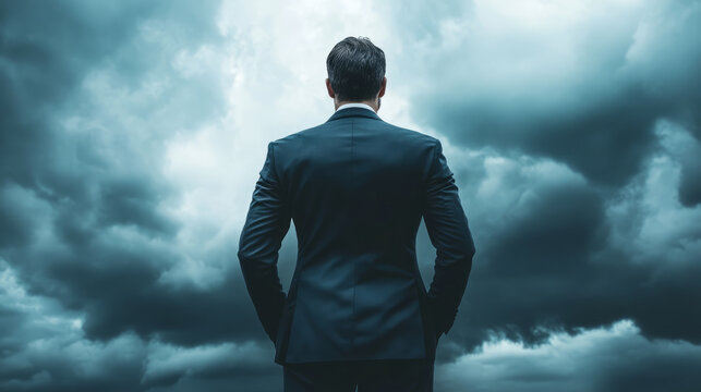 A business leader standing firm, with storm clouds in the background, symbolizing strength in uncertainty