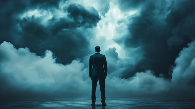 A business leader standing firm, with storm clouds in the background, symbolizing strength in uncertainty