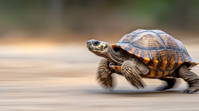 A tortoise marathon runner slowly but surely passes hare sprinters, illustrating the value of persistence over short-term speed, echoing Aesop's fable