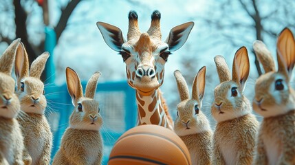 A giraffe basketball coach trains a team of eager rabbit players, representing the challenges and potential of diverse teams with different strengths